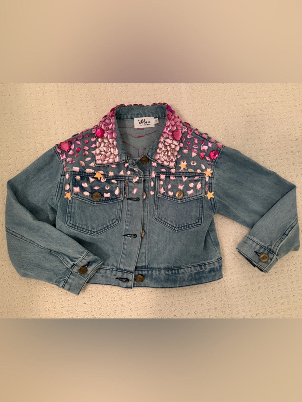 Lola + The Boys Sparkle Queen Gem Denim Jacket with Pink Sequin Accents